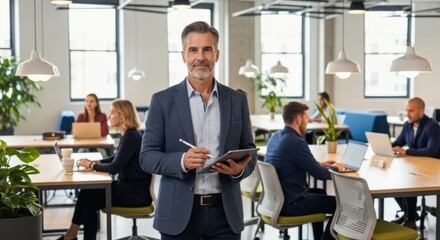 Confident mature businessman leader holding tablet in modern office. Successful male CEO manager portrait with team working in background. Corporate professional leadership concept.