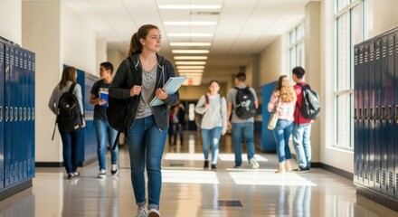 High school student girl with backpack and books walking in a school hallway. Diverse group of students in background. Education, knowledge, learning and back to school concept.