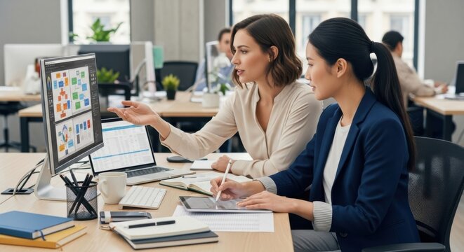 Two diverse female colleagues analyzing data on a computer screen. Businesswomen discussing project strategy, teamwork, and planning marketing tasks in a modern office. UI/UX design.