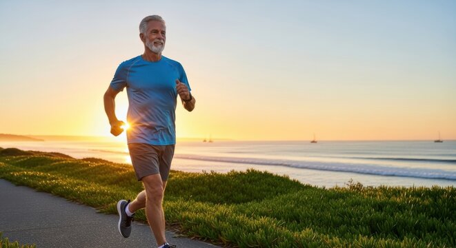 Happy senior man running on a coastal path at sunset. Healthy active lifestyle concept. Mature male jogger exercising outdoors by the sea. Fitness, wellness, vitality in retirement.