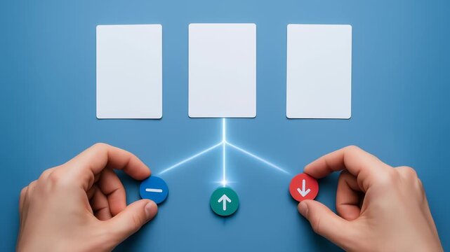 Finance budget forecast 2026 decision choice options hands holding tokens with arrows for planning strategy increase decrease decline analysis