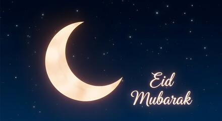 Naklejka premium Eid Mubarak Celebration: Glowing Crescent Moon and Stars