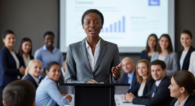 Confident black businesswoman leader giving a presentation at a corporate seminar. Female speaker at podium addressing diverse team. Concept for leadership, public speaking, success.