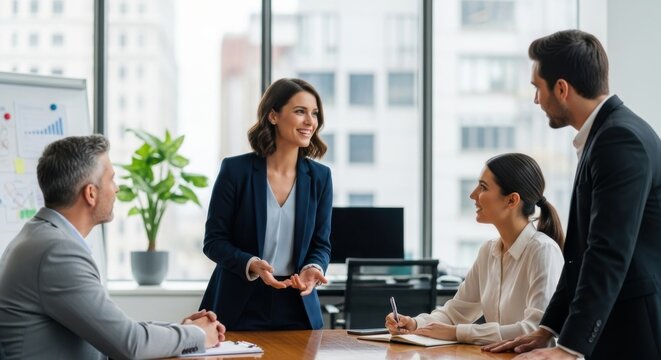 Professional business team having a meeting in a modern office. Confident female manager leading a discussion with her diverse colleagues. Brainstorming, planning, and corporate success.