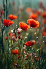Fototapeta premium Vibrant red poppies in a field of green grass