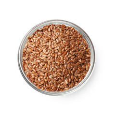 Flax seeds in bowl isolated on white, top view