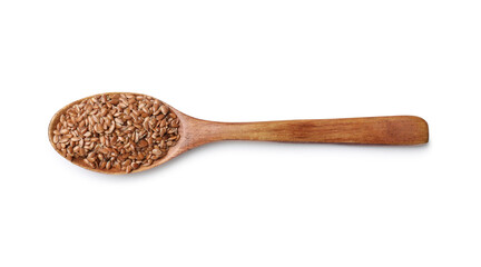 Flax seeds in spoon isolated on white, top view