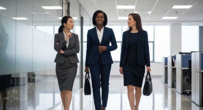 Three diverse businesswomen in suits walking and talking in a modern office hallway. Team of successful female professionals collaborating. Corporate leadership and teamwork concept. - Powered by Adobe
