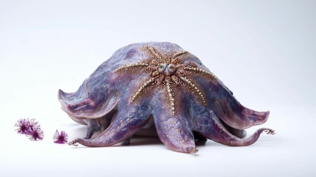 Realistic alien exobiology. Slug squid hybrid creature concept on white background with scattered alien plants and natural soft lighting.