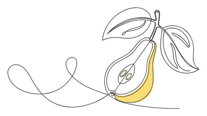 Elegant single line drawing captures a halved pear with leaves, exuding natural simplicity and modern artistic flair for healthy lifestyle designs.