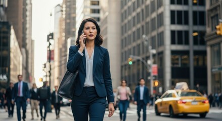 Confident Asian businesswoman in a suit walking through a busy city street while talking on her smartphone. Concept of corporate lifestyle, ambition, success and communication.