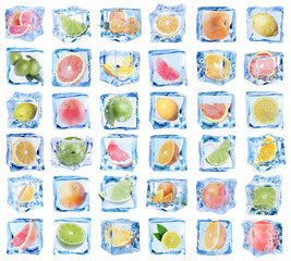 Citrus fruits in ice cubes isolated on white, set