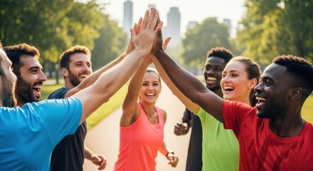 Teamwork success and achievement. A happy multiethnic group of fit friends giving a high five. Diverse runners celebrating fitness goals together in a city park. Unity support.