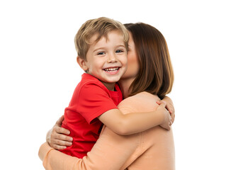 Loving mom embraces her happy smiling young son