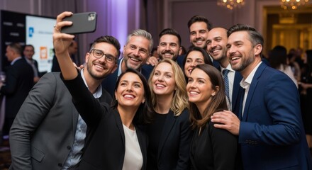 Happy business team taking a group selfie with a phone at a corporate event. Colleagues celebrating success together at a gala. Team building, fun, networking at a conference.