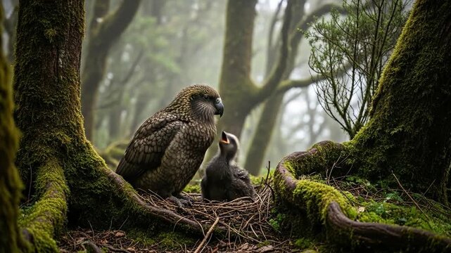 Kakapo mother and chick nestle deep in misty New Zealand forest roots