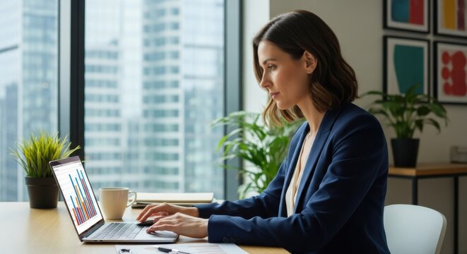Focused businesswoman in modern office analyzing financial data on laptop. Professional analyst working with charts and graphs for business report. Corporate manager at her desk.