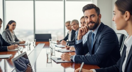 Confident businessman smiling at camera during a corporate meeting in a modern office. Team of professionals discussing strategy around a conference table. Leadership and success.