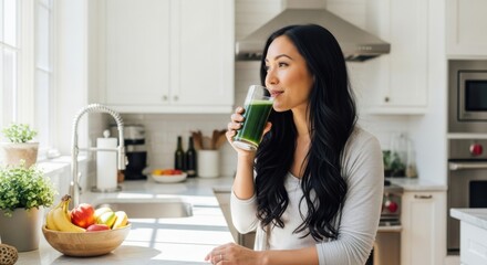 Woman drinking green smoothie for detox in modern kitchen. Healthy lifestyle, diet, nutrition, wellness concept. Asian girl enjoying fresh organic vegetable juice for breakfast.