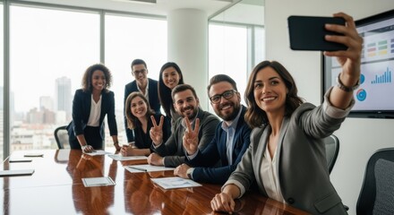 Successful multiracial business team taking a selfie in a modern conference room. Happy colleagues celebrating teamwork and collaboration. Corporate meeting and office culture.