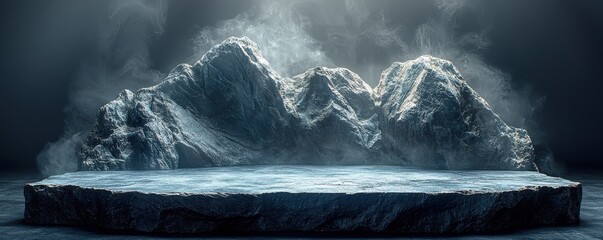 Dark stone podium with dramatic rock formations and ambient smoke effects