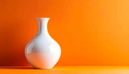 White ceramic vase with glossy finish against vibrant orange background