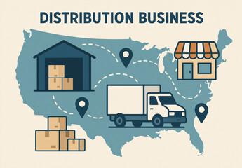 Obraz premium Distribution business map of the United States showing warehouse, truck, and store network representing delivery, supply chain, and logistics operation across America
