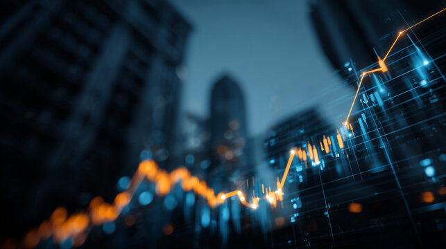 Abstract financial chart with orange line and blue background showing market growth trends