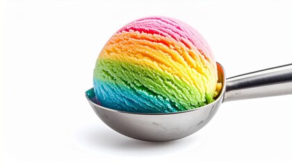 Rainbow ice cream scoop in metal scooper on white background