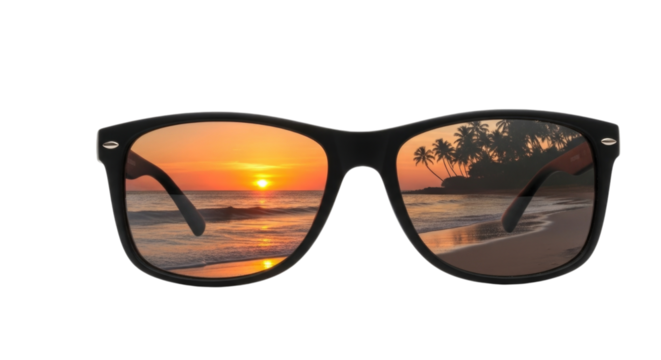 Sunglasses with Tropical Sunset Reflection Isolated PNG Cutout Transparent - Powered by Adobe
