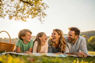 Family enjoying picnic outdoors on a sunny day laughing and having fun together during leisure time