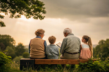 Family Bond Two Children Read with Grandparents on Park Bench at Sunset