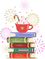 Illustration of a cup of coffee and Stack of books with fireworks. Christmas and celebration seasonal.