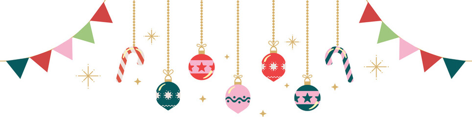 Merry Christmas with hanging ball and flags decoration. Christmas and Happy New Year greeting card style.