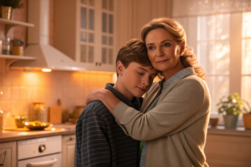 Caring grandmother embraces her grandson in a warm, intimate kitchen setting, conveying love and comfort