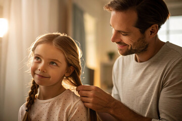 A heartwarming scene of a caring father carefully braiding his young daughter's long blonde hair, a precious moment of family connection and love