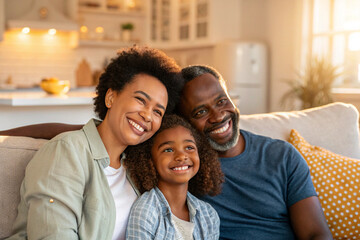 Portrait of a happy African American family with their daughter relaxing together on a sofa in their sunlit living room