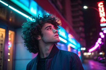 Pensive young man with curly hair stands amidst the vivid, colorful glow of urban neon lights, reflecting the dynamic energy and thoughtful mood of a modern city night