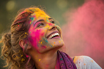 A vibrant portrait of a young woman's infectious joy, her face adorned with an array of festive colored powder, symbolizing happiness and cultural celebration