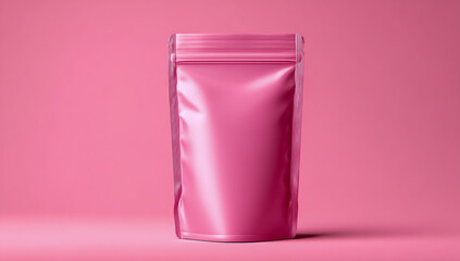 A clean modern pink stand up pouch with a resealable zipper closure on a pink background