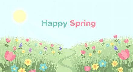 Spring Meadow Illustration: Floral Landscape with Path