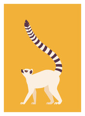 Minimalist flat illustration of a ring-tailed lemur on a yellow background. Modern vector animal design inspired by Madagascar wildlife. Posters, nature concepts, environmental and educational project
