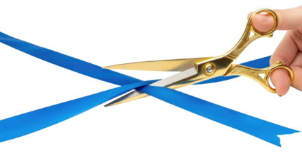 Hand Cutting Blue Ribbon with Gold Scissors Isolated PNG Cutout Transparent