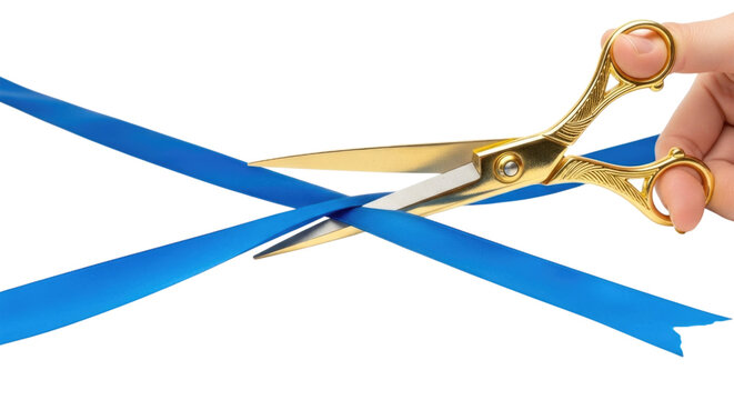 Hand Cutting Blue Ribbon with Gold Scissors Isolated PNG Cutout Transparent