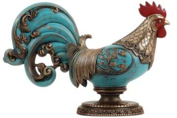 Turquoise patina rooster cockerel sculpture with baroque scrollwork, red comb on decorative pedestal base isolated on transparent white background, png.