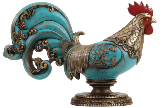 Turquoise patina rooster cockerel sculpture with baroque scrollwork, red comb on decorative pedestal base isolated on transparent white background, png.