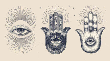 Vintage engraved mystical symbols set: all-seeing eye, hamsa hands with third eye. Esoteric protection, spiritual illustration on light background.
