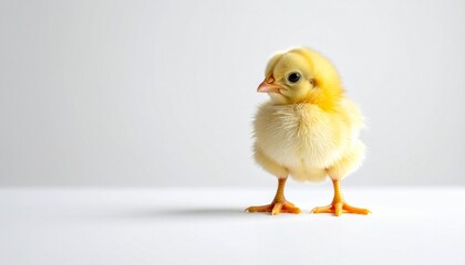 Yellow chick standing on white surface facing left
