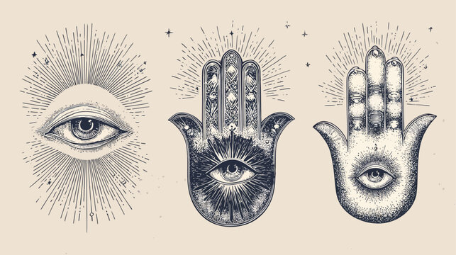 Vintage engraved mystical symbols set: all-seeing eye, hamsa hands with third eye. Esoteric protection, spiritual illustration on light background.