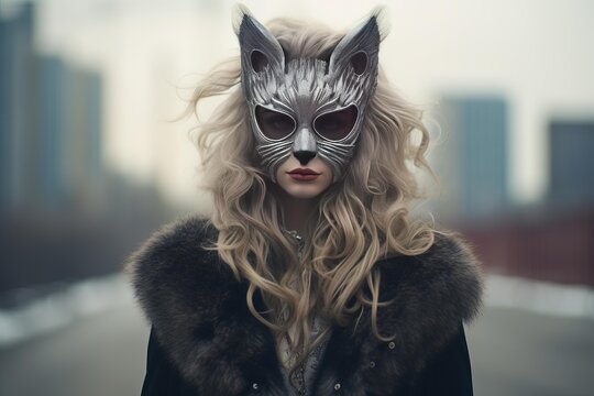 Stylish woman wearing a silver cat mask and fur coat, embodying mystery and elegance in an urban setting